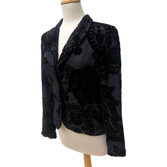 ECI Top Sz 8 Black Silk Velvet Burnout Jacket Floral 2 Button Y2K Whimsigoth - Picture 3 of 14